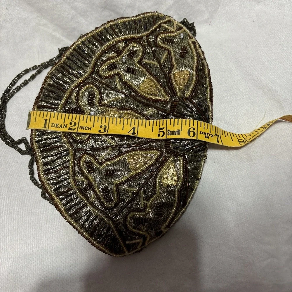 Vintage Beaded Evening Bag Clutch Purse Chain Strap Brown Gold Party‎ Crossbody